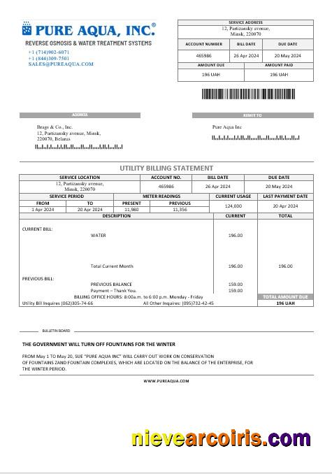 Belarus Pure Aqua Inc business utility bill